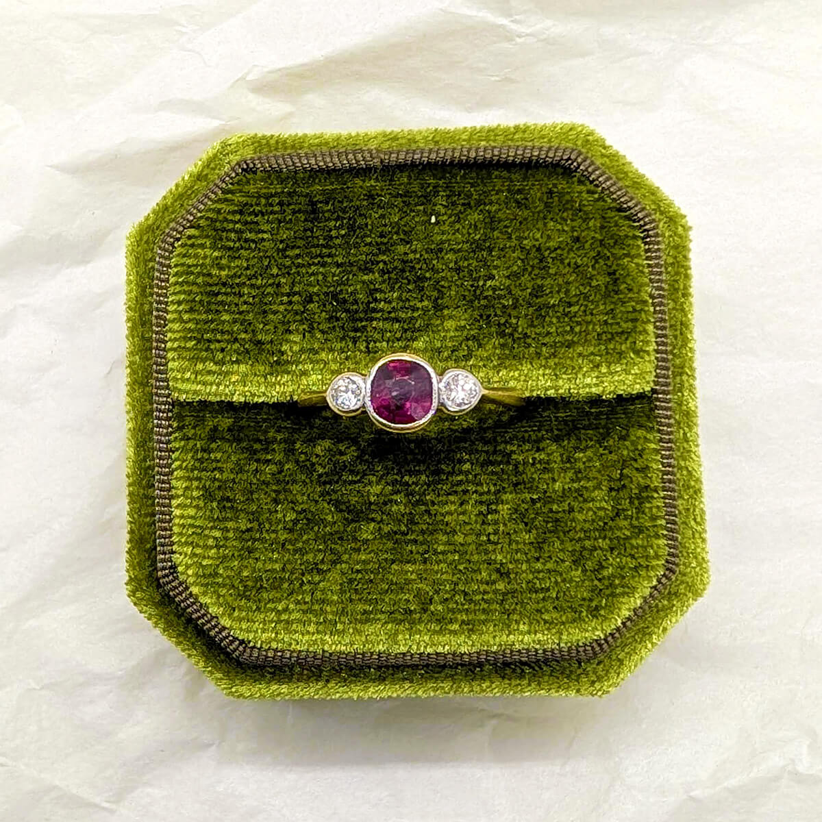 18ct Yellow Gold and Platinum Art Deco Ruby Diamond Trilogy Ring