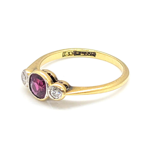 18ct Yellow Gold and Platinum Art Deco Ruby Diamond Trilogy Ring