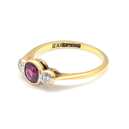 18ct Yellow Gold and Platinum Art Deco Ruby Diamond Trilogy Ring