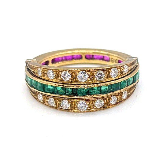 18ct Yellow Gold Swivel Ring with Rubies, Emeralds and Diamonds