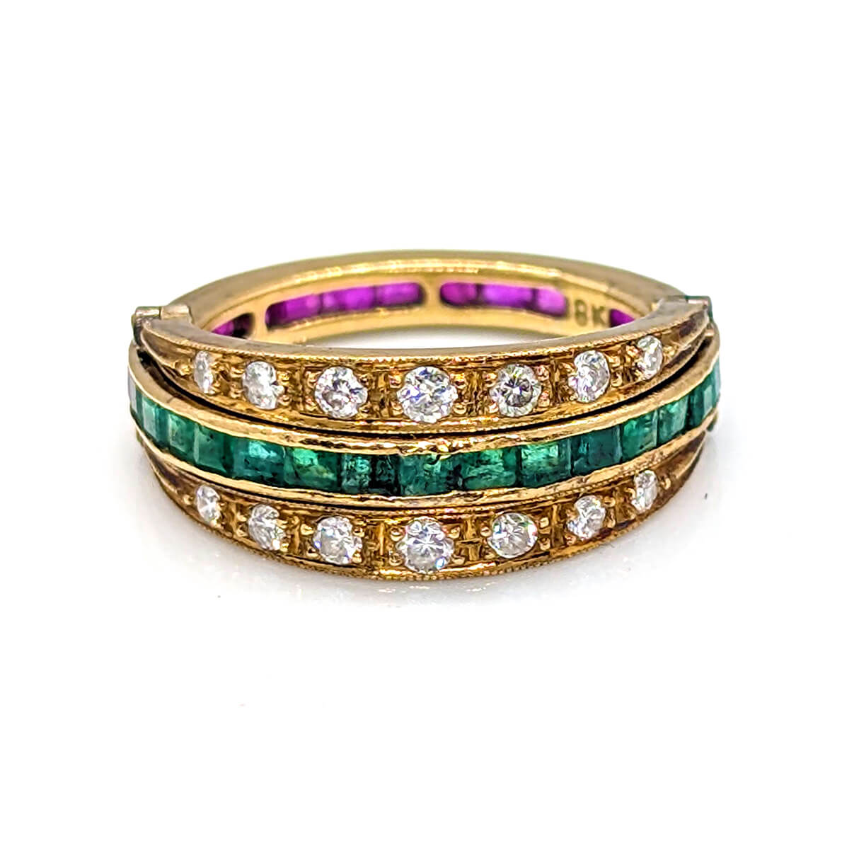 18ct Yellow Gold Swivel Ring with Rubies, Emeralds and Diamonds