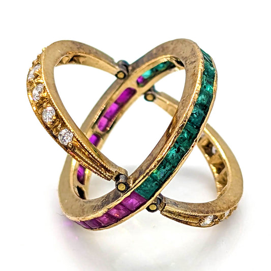 18ct Yellow Gold Swivel Ring with Rubies, Emeralds and Diamonds