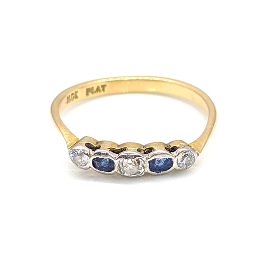 Antique 18ct Yellow Gold and Platinum Stacking Ring with Sapphire and Diamonds