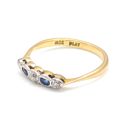 Antique 18ct Yellow Gold and Platinum Stacking Ring with Sapphire and Diamonds